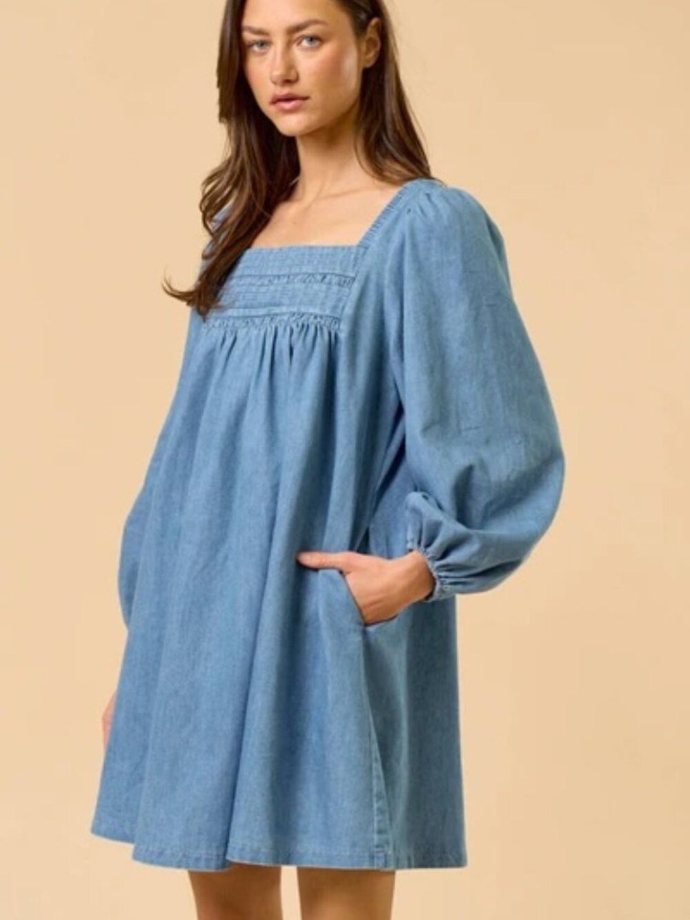 Lalavon Knit and Lounge Denim Mini Dress Large L Square Neck Puff Sleeve